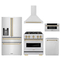 ZLINE 5-Piece Appliance Package - 30-Inch Autograph Edition Dual Fuel Range, Wall Mount Range Hood, 36-Inch French Door Refrigerator with Water Dispenser, Dishwasher, and 30-Inch Microwave Drawer in Stainless Steel with Champagne Bronze Accents