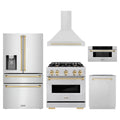 ZLINE 5-Piece Appliance Package - 30-Inch Autograph Edition Dual Fuel Range, Wall Mount Range Hood, 36-Inch French Door Refrigerator with Water Dispenser, Dishwasher, and 30-Inch Microwave Drawer in Stainless Steel with Gold Accents