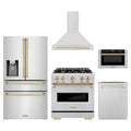 ZLINE 5-Piece Appliance Package - 30-Inch Dual Fuel Range, Hood, Refrigerator with Water Dispenser, Dishwasher, and Microwave Drawer in Stainless Steel with Gold Accents