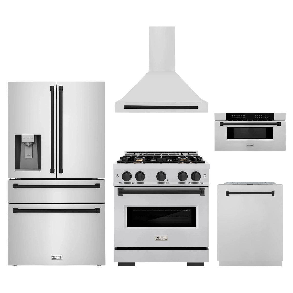 ZLINE 5-Piece Appliance Package - 30-Inch Autograph Edition Dual Fuel Range, Wall Mount Range Hood, 36-Inch French Door Refrigerator with Water Dispenser, Dishwasher, and 30-Inch Microwave Drawer in Stainless Steel Matte Black Accents