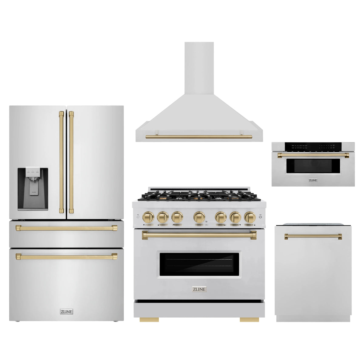 ZLINE 5-Piece Appliance Package - 36-Inch Autograph Edition Dual Fuel Range, Wall Mount Range Hood, 36-Inch French Door Refrigerator with Water Dispenser, Dishwasher, and 30-Inch Microwave Drawer in Stainless Steel with Champagne Bronze Accents