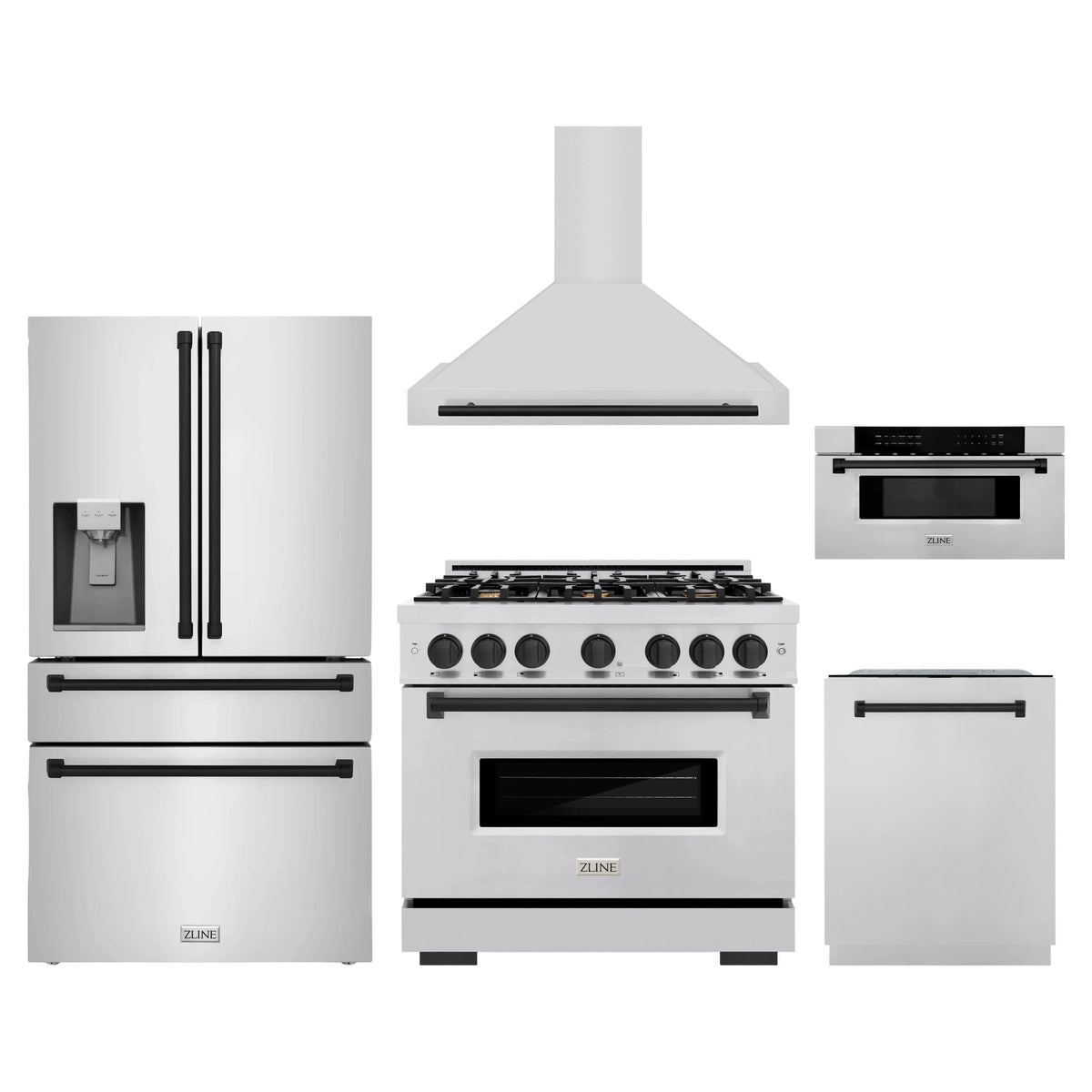 ZLINE 5-Piece Appliance Package - 36-Inch Autograph Edition Dual Fuel Range, Wall Mount Range Hood, 36-Inch French Door Refrigerator with Water Dispenser, Dishwasher, and 30-Inch Microwave Drawer in Stainless Steel Matte Black Accents