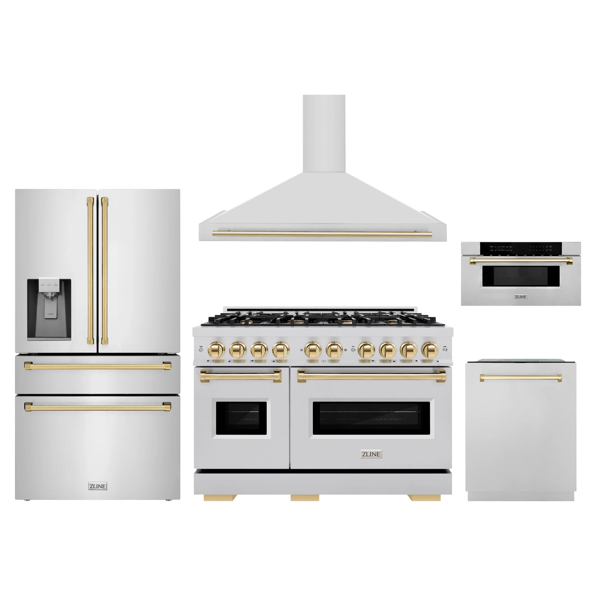 ZLINE 5-Piece Appliance Package - 48-Inch Autograph Edition Dual Fuel Range, Wall Mount Range Hood, 36-Inch French Door Refrigerator with Water Dispenser, Dishwasher, and 30-Inch Microwave Drawer in Stainless Steel with Gold Accents