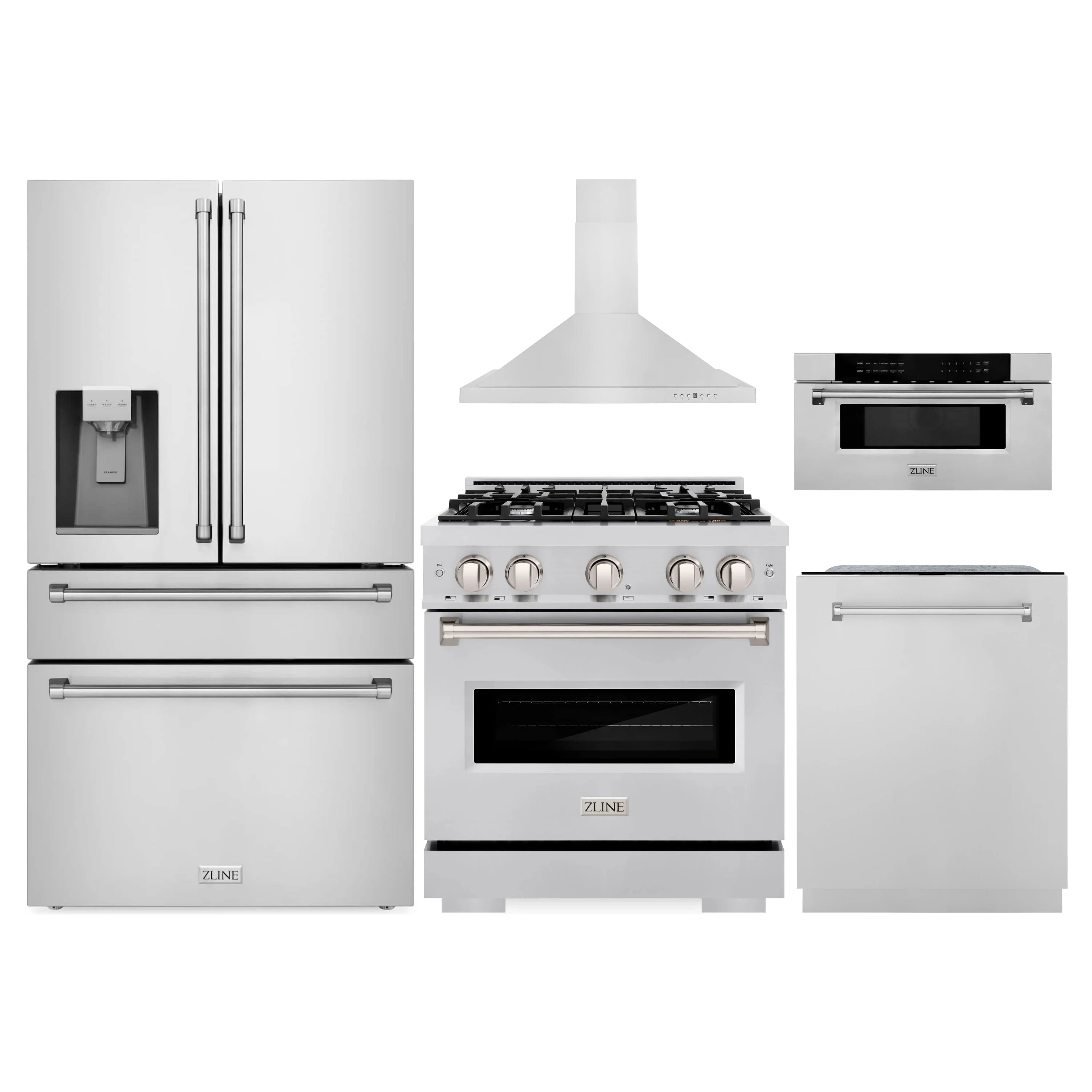 Stainless steel 5-piece appliance package with refrigerator, gas range, hood, dishwasher