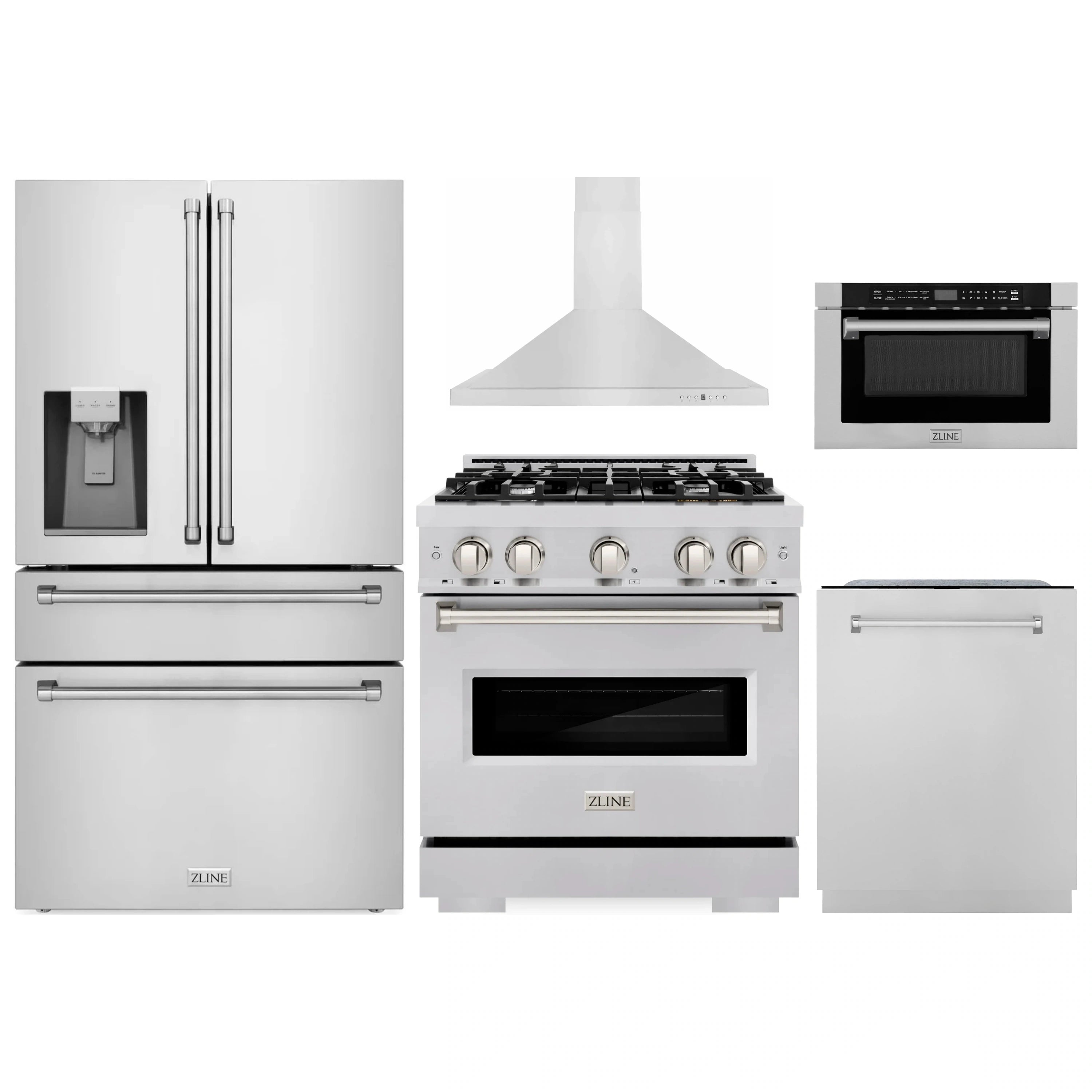 Stainless steel 5-piece appliance package with range, hood, microwave, fridge, dishwasher