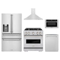 ZLINE 5-Piece Appliance Package - 30-Inch Gas Range, Hood, Refrigerator with Water Dispenser, Dishwasher, and Microwave Drawer in Stainless Steel