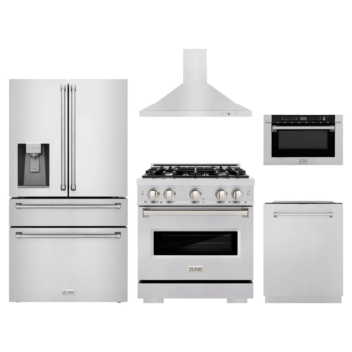 ZLINE 5-Piece Appliance Package - 30-Inch Gas Range, Hood, Refrigerator with Water Dispenser, Dishwasher, and Microwave Drawer in Stainless Steel