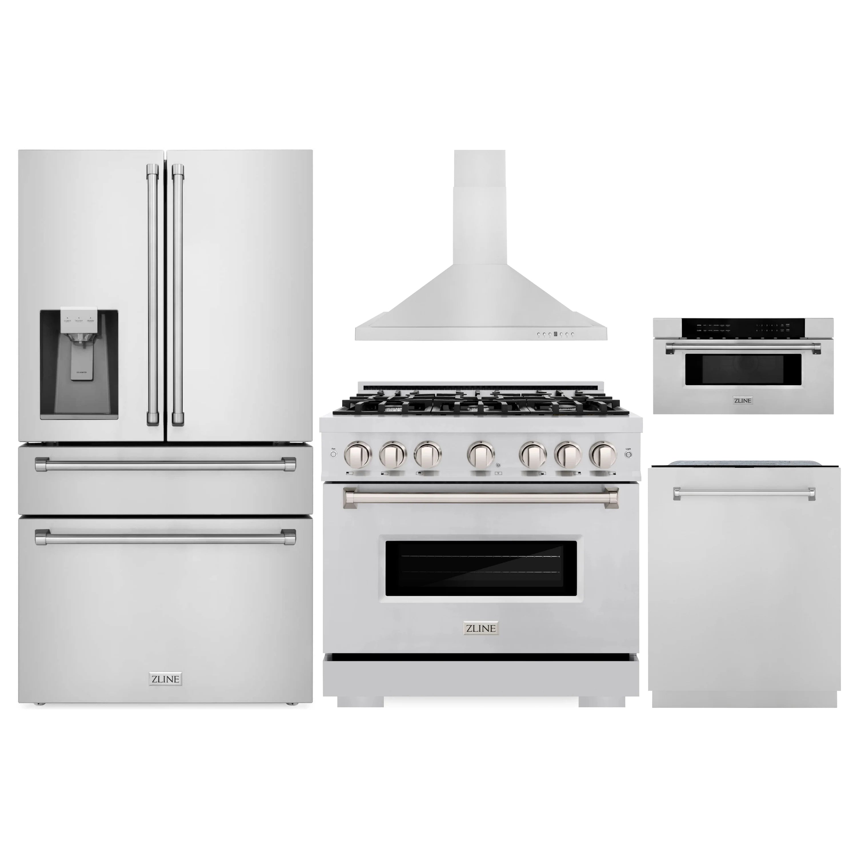 Stainless steel appliance set: refrigerator, gas range, hood, dishwasher, microwave