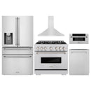 ZLINE 5-Piece Appliance Package - 36-Inch Classic Gas Range, Wall Mount Range Hood, 36-Inch French Door Refrigerator with Water Dispenser, Dishwasher, and 30-Inch Microwave Drawer in Stainless Steel