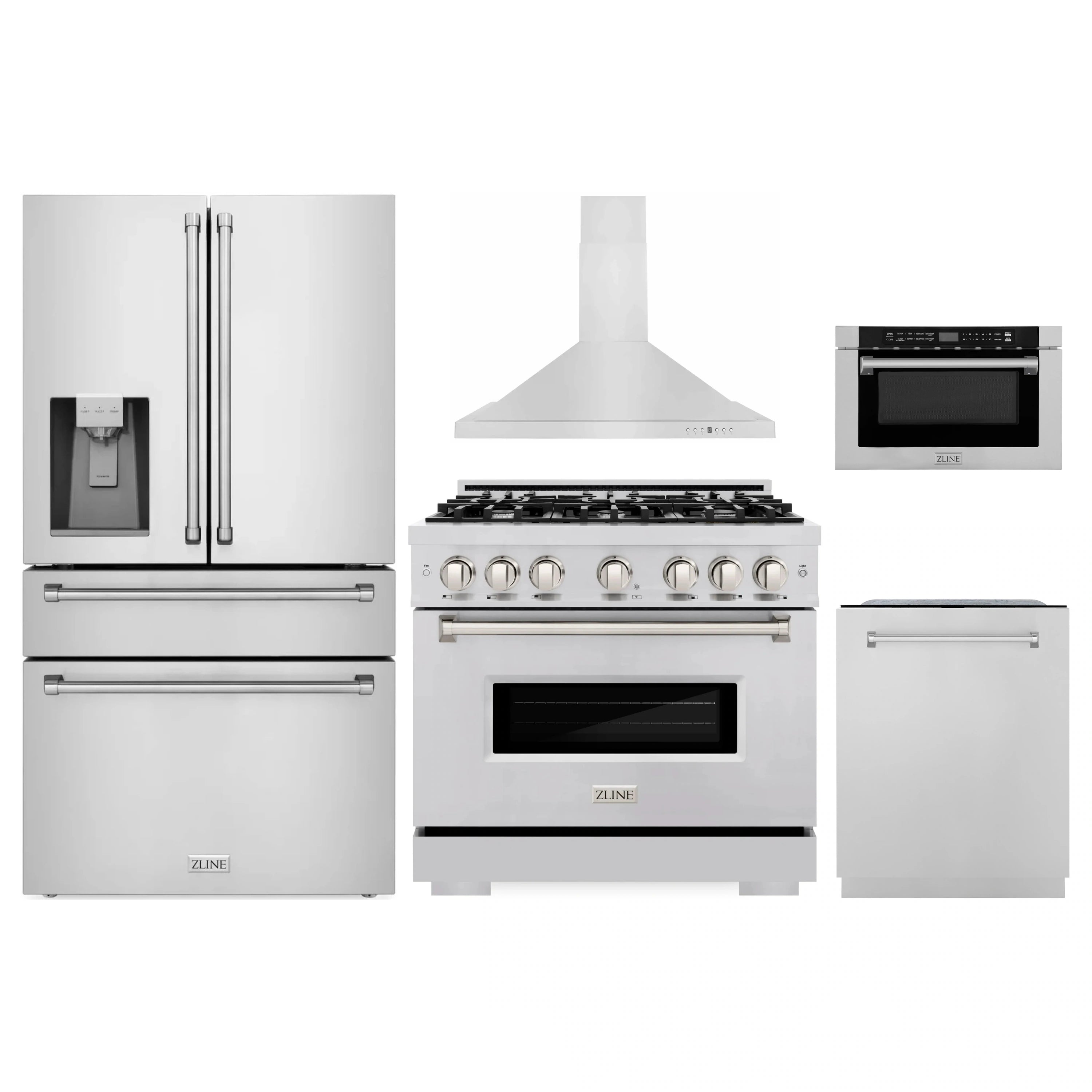 Stainless steel appliance package with gas range, hood, microwave, dishwasher, refrigerator