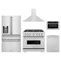 ZLINE 5-Piece Appliance Package - 36-Inch Gas Range, Hood, Refrigerator with Water Dispenser, Dishwasher, and Microwave Drawer in Stainless Steel