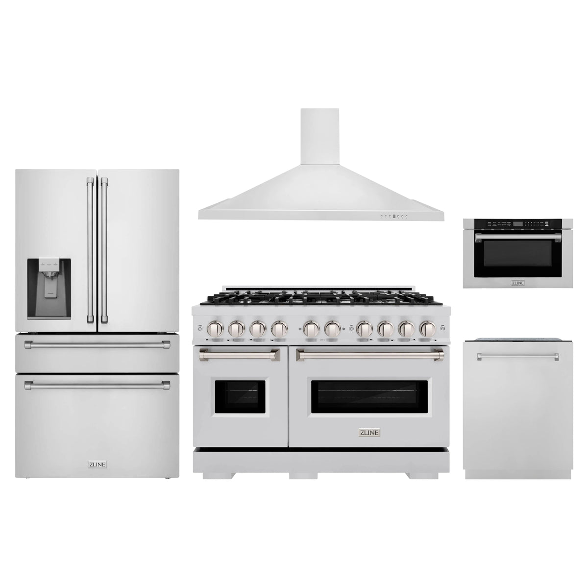 ZLINE 5-Piece Appliance Package - 48-Inch Gas Range, Hood, Refrigerator with Water Dispenser, Dishwasher, and Microwave Drawer in Stainless Steel
