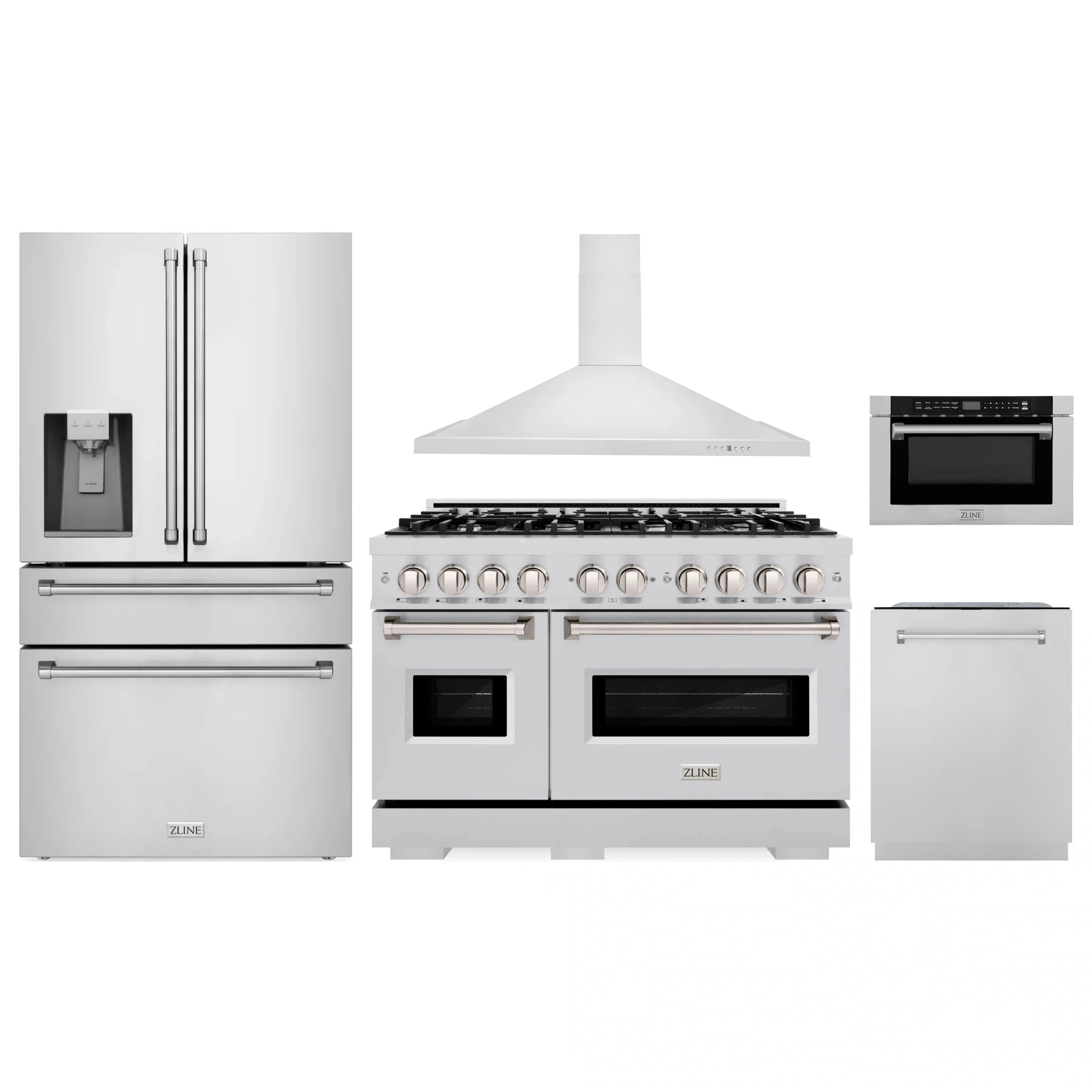 Stainless steel kitchen appliance set with gas range, hood, fridge, dishwasher, microwave drawer