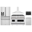 ZLINE 5-Piece Appliance Package - 48-Inch Gas Range, Hood, Refrigerator with Water Dispenser, Dishwasher, and Microwave Drawer in Stainless Steel