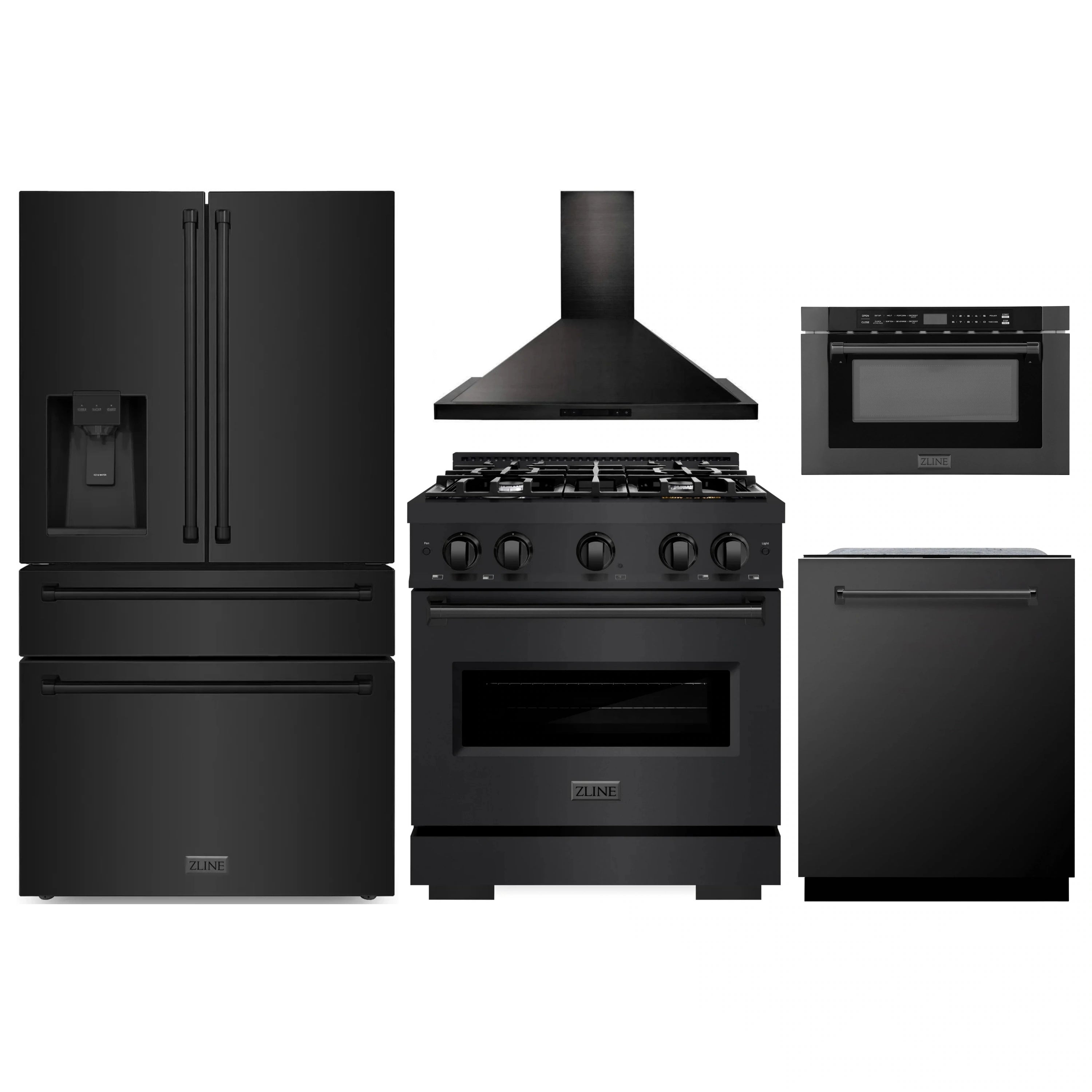 Black stainless appliance set with refrigerator, gas range, hood, microwave, dishwasher