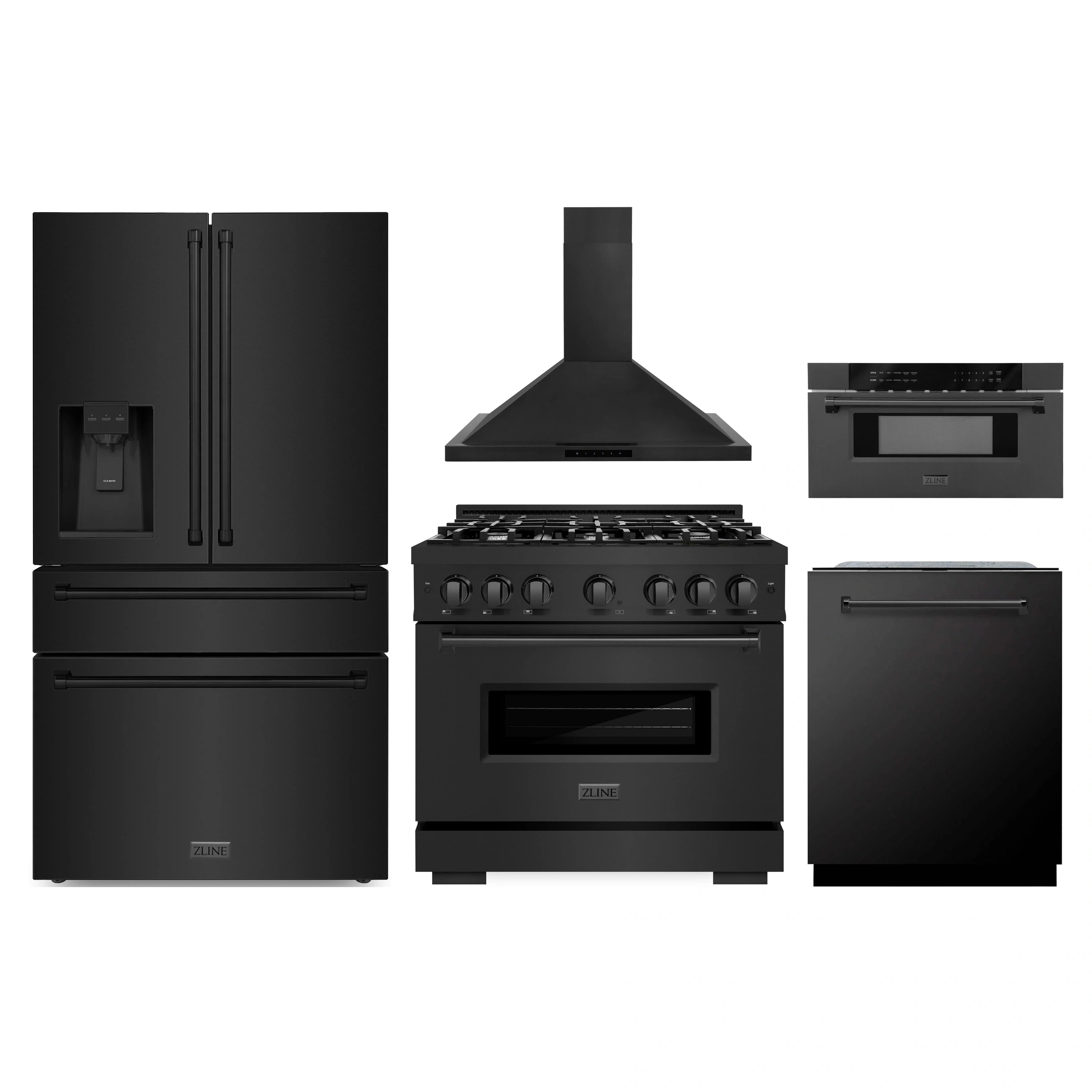 ZLINE 5-piece black stainless steel kitchen set with fridge, range, hood, microwave, dishwasher