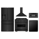 ZLINE 5-Piece Appliance Package - 36-Inch Classic Gas Range, Wall Mount Range Hood, 36-Inch French Door Refrigerator with Water Dispenser, Dishwasher, and 30-Inch Microwave Drawer in Black Stainless Steel