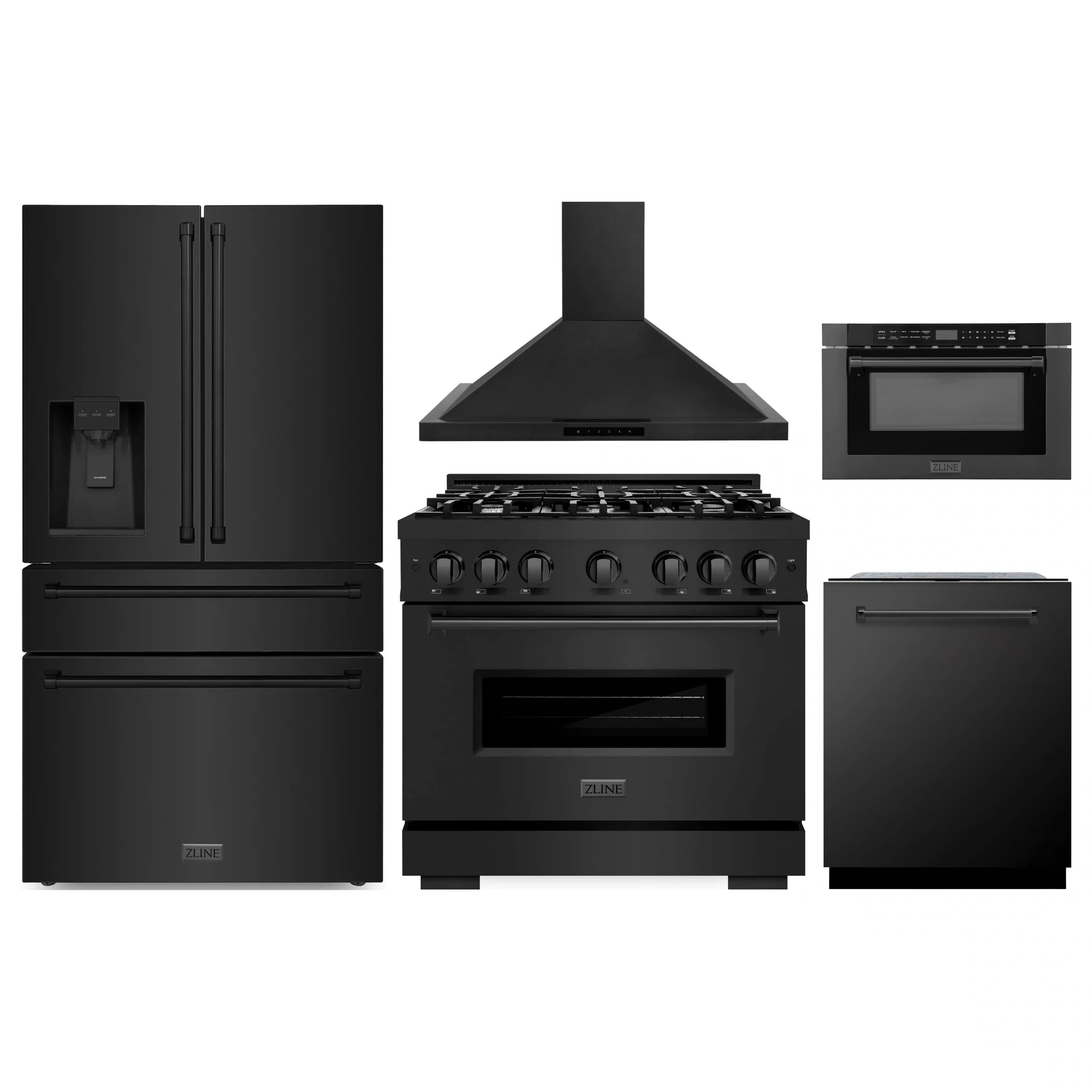ZLINE black stainless 5-piece kitchen appliance set: range, hood, fridge, dishwasher, microwave