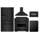 ZLINE 5-Piece Appliance Package - 36-Inch Gas Range, Hood, Refrigerator with Water Dispenser, Dishwasher, and Microwave Drawer in Black Stainless Steel