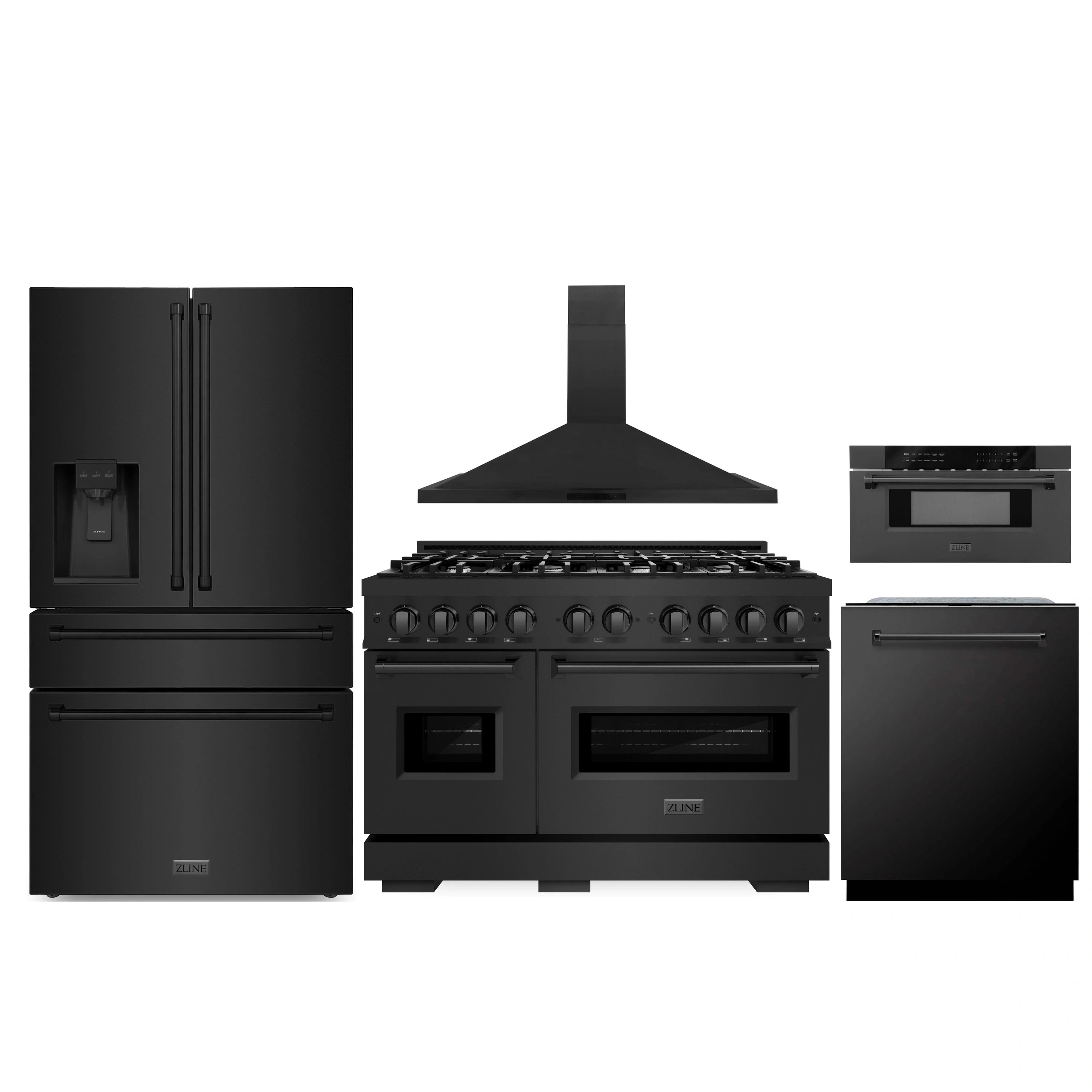 Black stainless 5-piece appliance package: range, hood, fridge, dishwasher, microwave