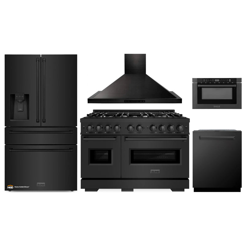 ZLINE 5-Piece Appliance Package - 48-Inch Gas Range, Hood, Refrigerator with Water Dispenser, Dishwasher, and Microwave Drawer in Black Stainless Steel