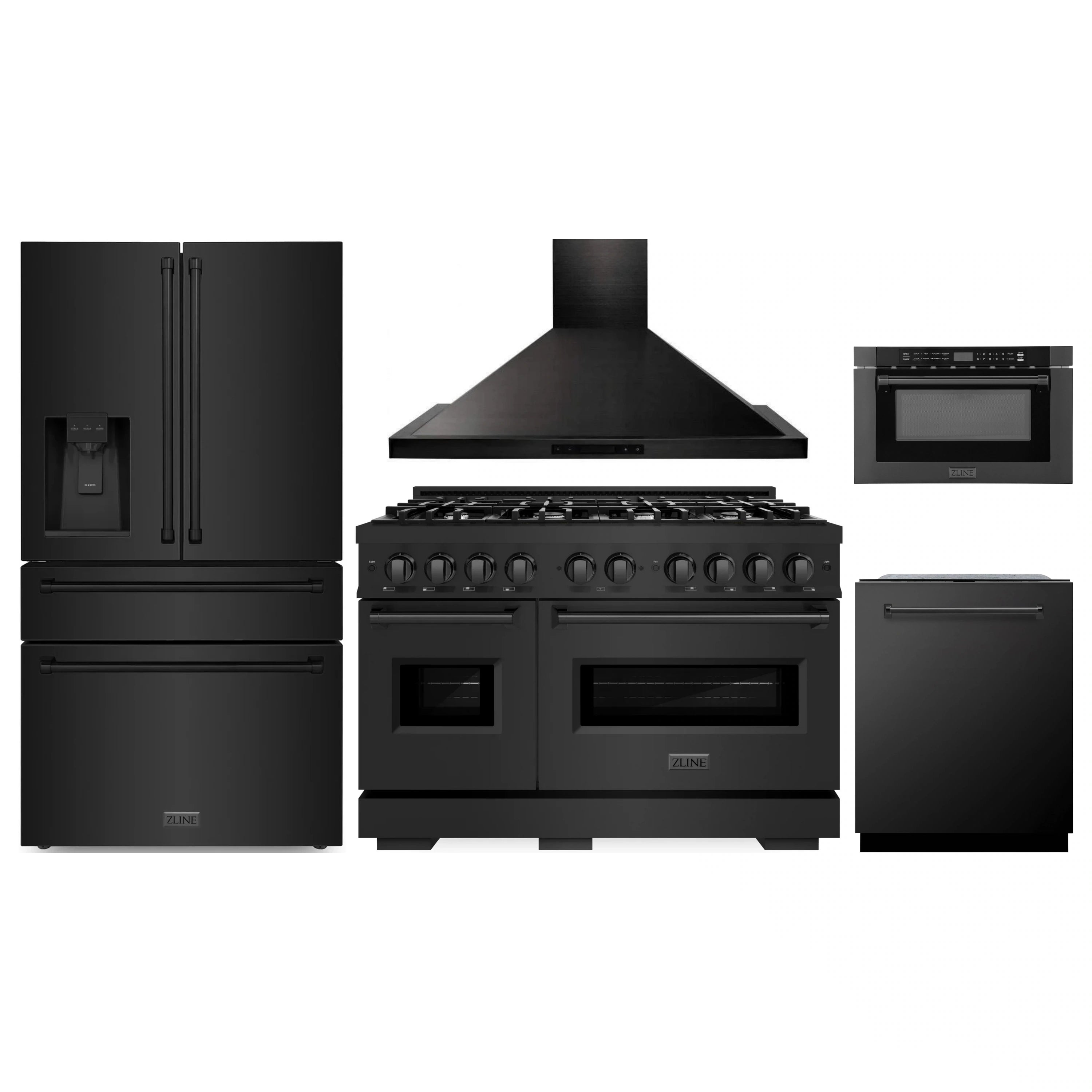 Black stainless steel appliance package: refrigerator, gas range, hood, microwave drawer, dishwasher