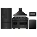 ZLINE 5-Piece Appliance Package - 48-Inch Gas Range, Hood, Refrigerator with Water Dispenser, Dishwasher, and Microwave Drawer in Black Stainless Steel