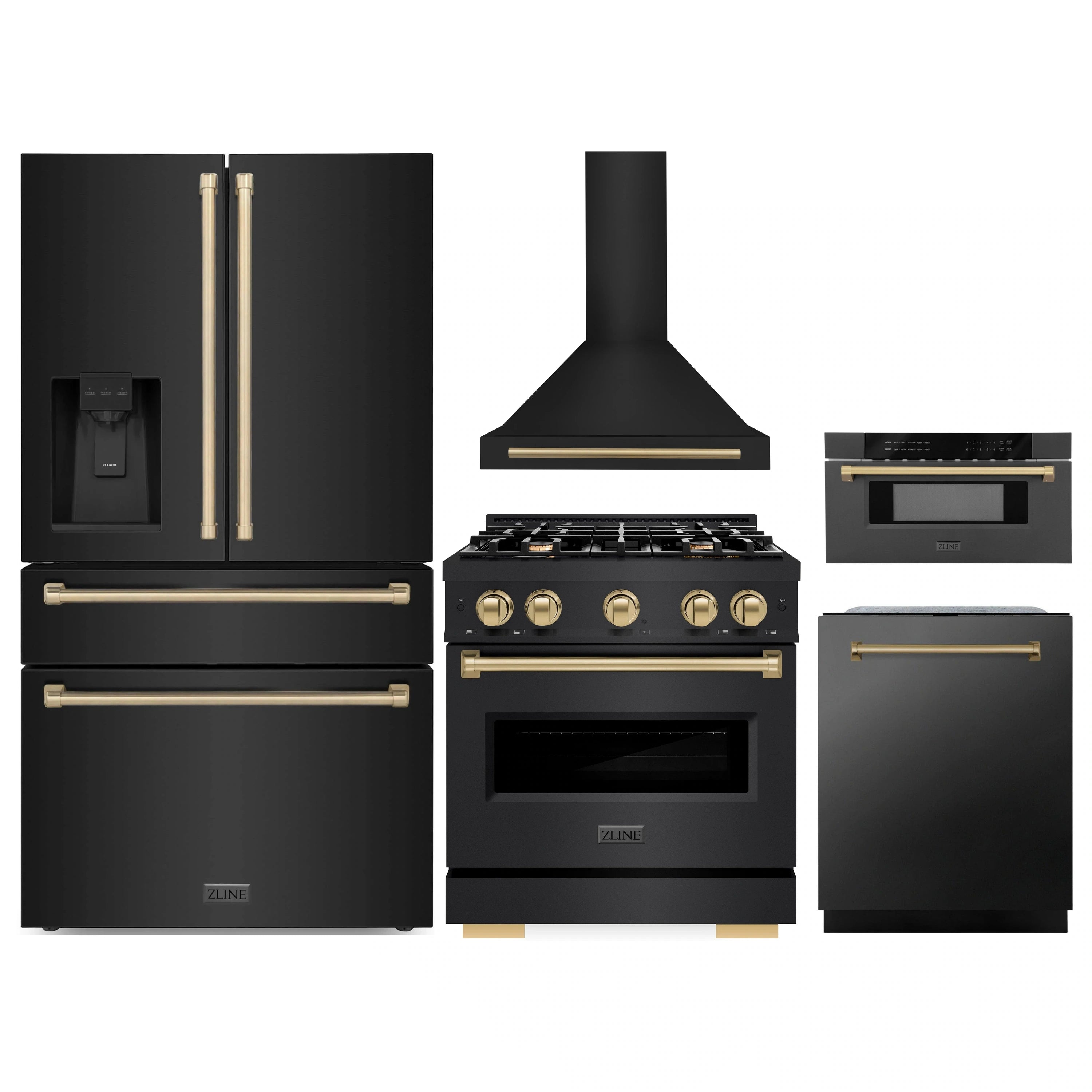 Kitchen appliance package in black stainless with champagne bronze accents, five units