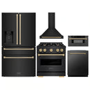 ZLINE 5-Piece Appliance Package - 30-Inch Autograph Edition Gas Range, Wall Mount Range Hood, 36-Inch French Door Refrigerator with Water Dispenser, Dishwasher, and 30-Inch Microwave Drawer in Black Stainless Steel with Champagne Bronze Accents