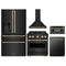 ZLINE 5-Piece Appliance Package - 30-Inch Autograph Edition Gas Range, Wall Mount Range Hood, 36-Inch French Door Refrigerator with Water Dispenser, Dishwasher, and 30-Inch Microwave Drawer in Black Stainless Steel with Champagne Bronze Accents