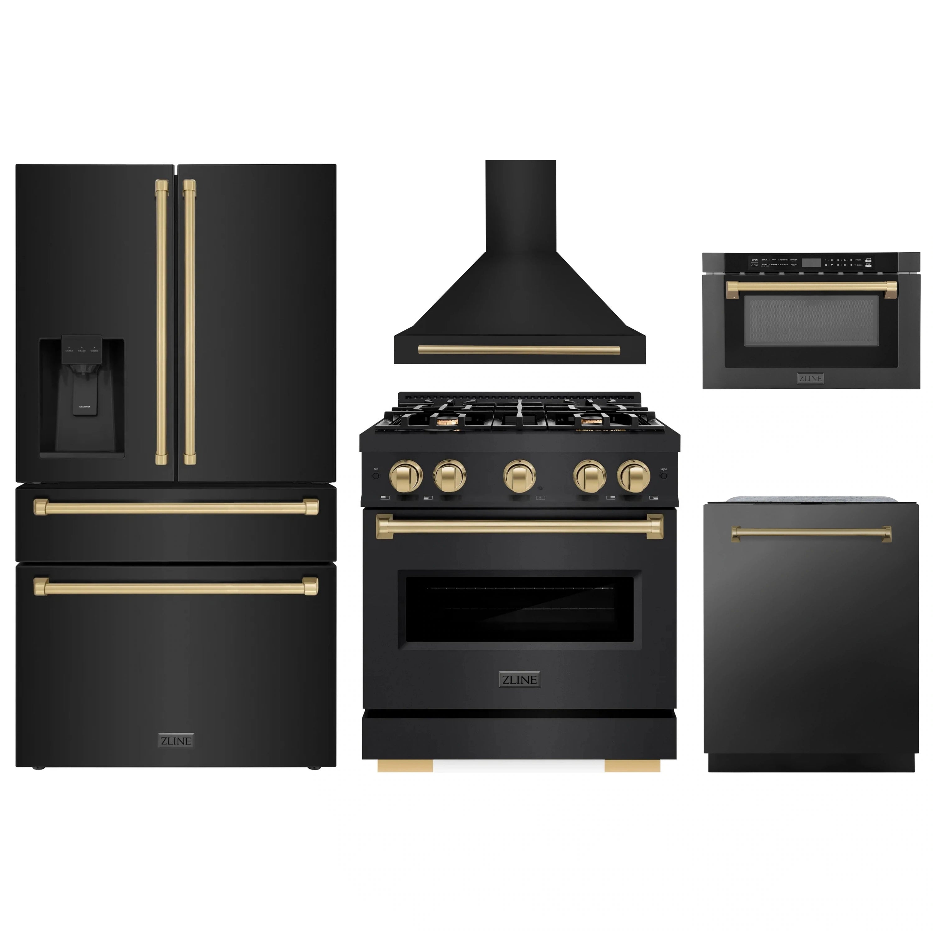 Black stainless appliance set with champagne accents: gas range, hood, refrigerator, microwave drawer