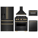 ZLINE 5-Piece Appliance Package - 30-Inch Gas Range, Hood, Refrigerator with Water Dispenser, Dishwasher, and Microwave Drawer in Black Stainless Steel with Champagne Bronze Accents