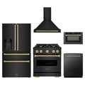 ZLINE 5-Piece Appliance Package - 30-Inch Gas Range, Hood, Refrigerator with Water Dispenser, Dishwasher, and Microwave Drawer in Black Stainless Steel with Champagne Bronze Accents