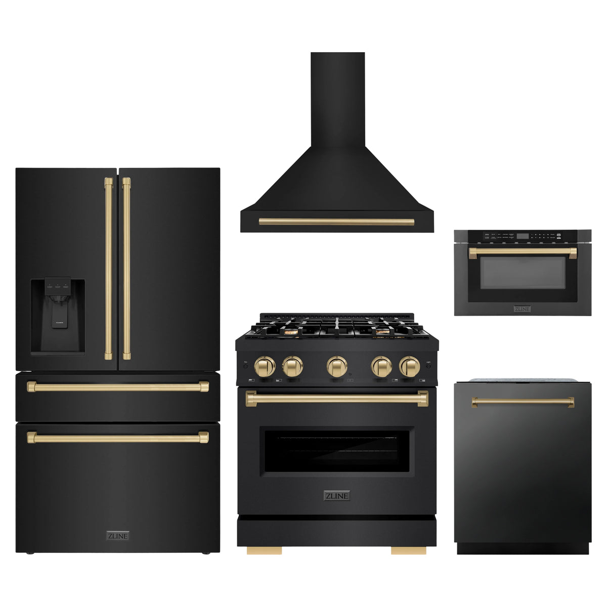 ZLINE 5-Piece Appliance Package - 30-Inch Gas Range, Hood, Refrigerator with Water Dispenser, Dishwasher, and Microwave Drawer in Black Stainless Steel with Champagne Bronze Accents