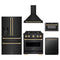 ZLINE 5-Piece Appliance Package - 30-Inch Gas Range, Hood, Refrigerator with Water Dispenser, Dishwasher, and Microwave Drawer in Black Stainless Steel with Champagne Bronze Accents