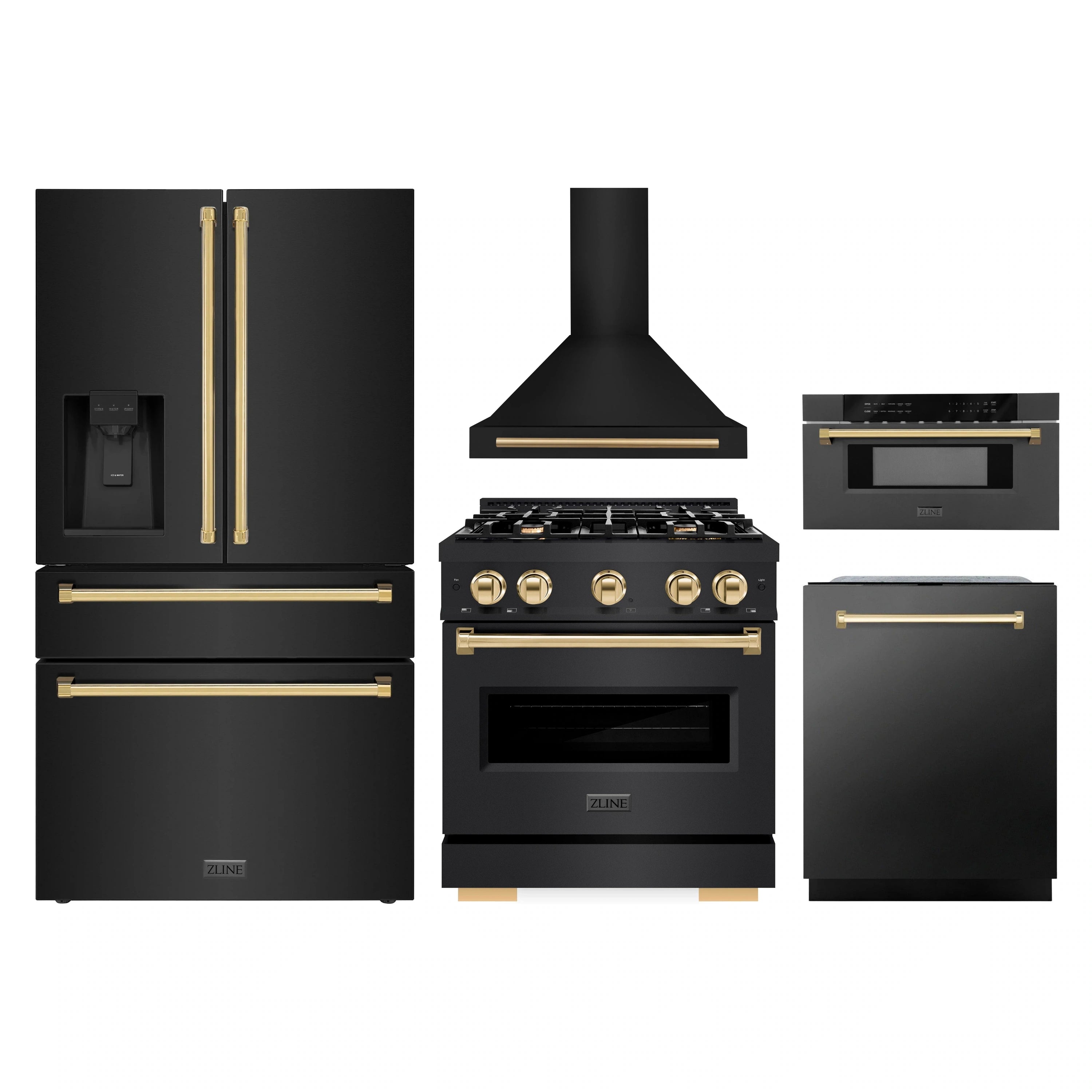 Five-piece kitchen appliance package in black stainless with gold accents