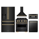 ZLINE 5-Piece Appliance Package - 30-Inch Autograph Edition Gas Range, Wall Mount Range Hood, 36-Inch French Door Refrigerator with Water Dispenser, Dishwasher, and 30-Inch Microwave Drawer in Black Stainless Steel with Gold Accents