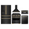 ZLINE 5-Piece Appliance Package - 30-Inch Autograph Edition Gas Range, Wall Mount Range Hood, 36-Inch French Door Refrigerator with Water Dispenser, Dishwasher, and 30-Inch Microwave Drawer in Black Stainless Steel with Gold Accents