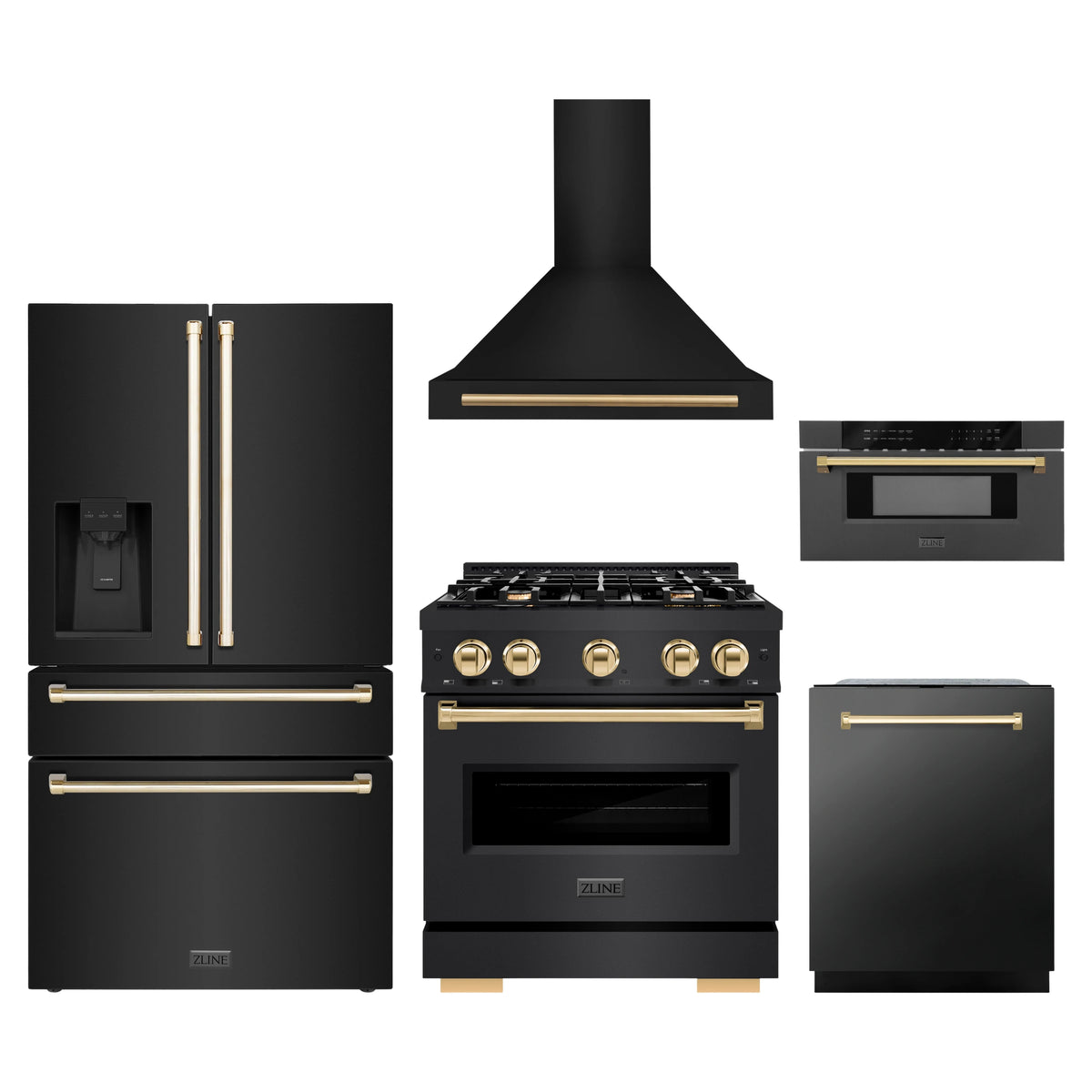 ZLINE 5-Piece Appliance Package - 30-Inch Autograph Edition Gas Range, Wall Mount Range Hood, 36-Inch French Door Refrigerator with Water Dispenser, Dishwasher, and 30-Inch Microwave Drawer in Black Stainless Steel with Gold Accents