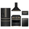 ZLINE 5-Piece Appliance Package - 30-Inch Gas Range, Hood, Refrigerator with Water Dispenser, Dishwasher, and Microwave Drawer in Black Stainless Steel with Gold Accents