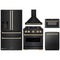 ZLINE 5-Piece Appliance Package - 30-Inch Gas Range, Hood, Refrigerator with Water Dispenser, Dishwasher, and Microwave Drawer in Black Stainless Steel with Gold Accents