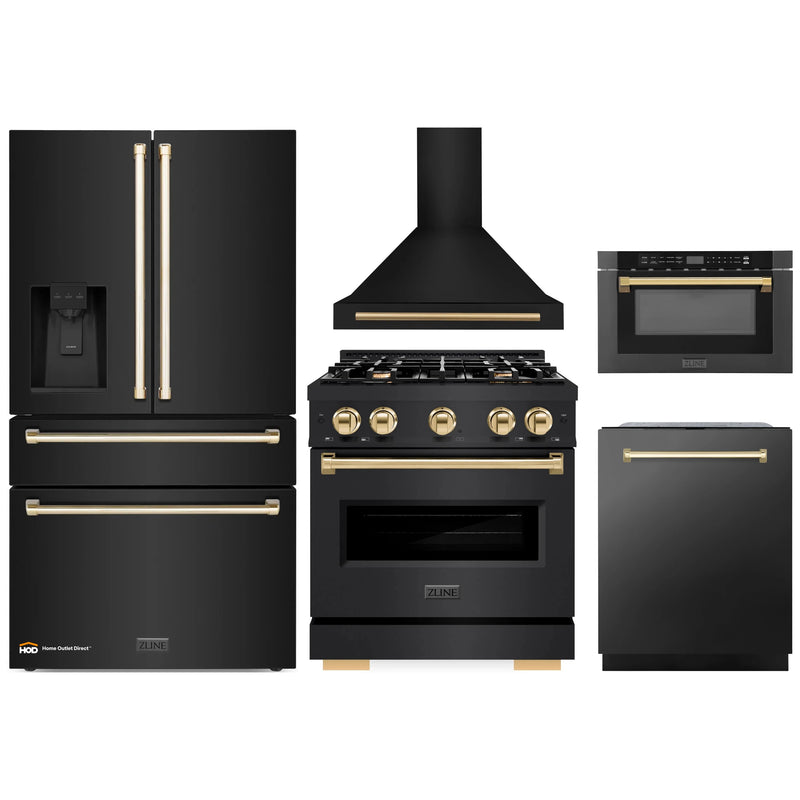 ZLINE 5-Piece Appliance Package - 30-Inch Gas Range, Hood, Refrigerator with Water Dispenser, Dishwasher, and Microwave Drawer in Black Stainless Steel with Gold Accents
