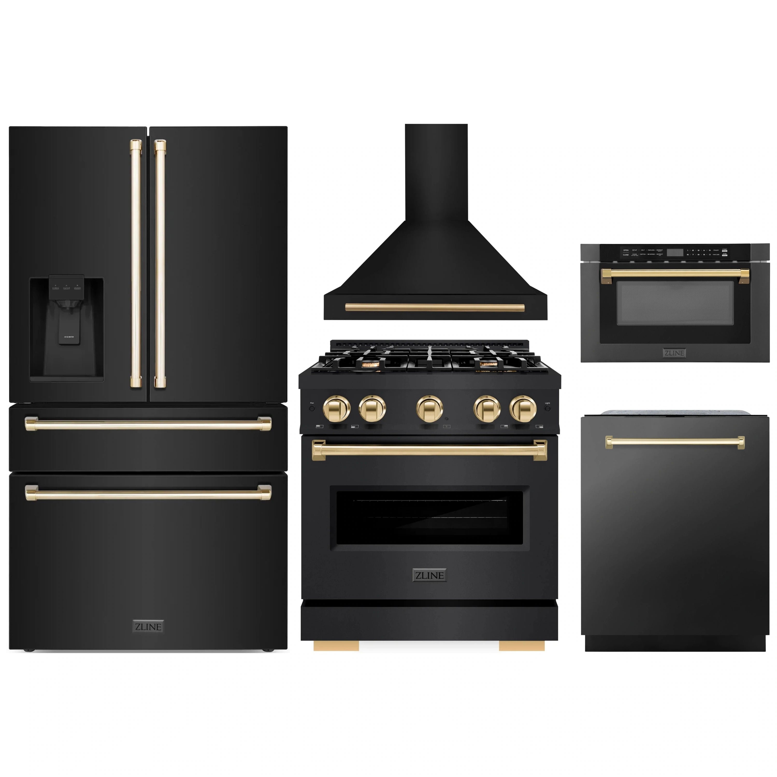 5-piece black stainless appliance set with gold accents: range, hood, microwave, fridge, dishwasher