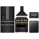 ZLINE 5-Piece Appliance Package - 30-Inch Gas Range, Hood, Refrigerator with Water Dispenser, Dishwasher, and Microwave Drawer in Black Stainless Steel with Gold Accents