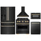 ZLINE 5-Piece Appliance Package - 30-Inch Gas Range, Hood, Refrigerator with Water Dispenser, Dishwasher, and Microwave Drawer in Black Stainless Steel with Gold Accents