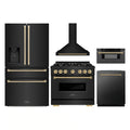 ZLINE 5-Piece Appliance Package - 36-Inch Autograph Edition Gas Range, Wall Mount Range Hood, 36-Inch French Door Refrigerator with Water Dispenser, Dishwasher, and 30-Inch Microwave Drawer in Black Stainless Steel with Champagne Bronze Accents