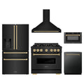 ZLINE 5-Piece Appliance Package - 36-Inch Gas Range, Hood, Refrigerator with Water Dispenser, Dishwasher, and Microwave Drawer in Black Stainless Steel with Champagne Bronze Accents
