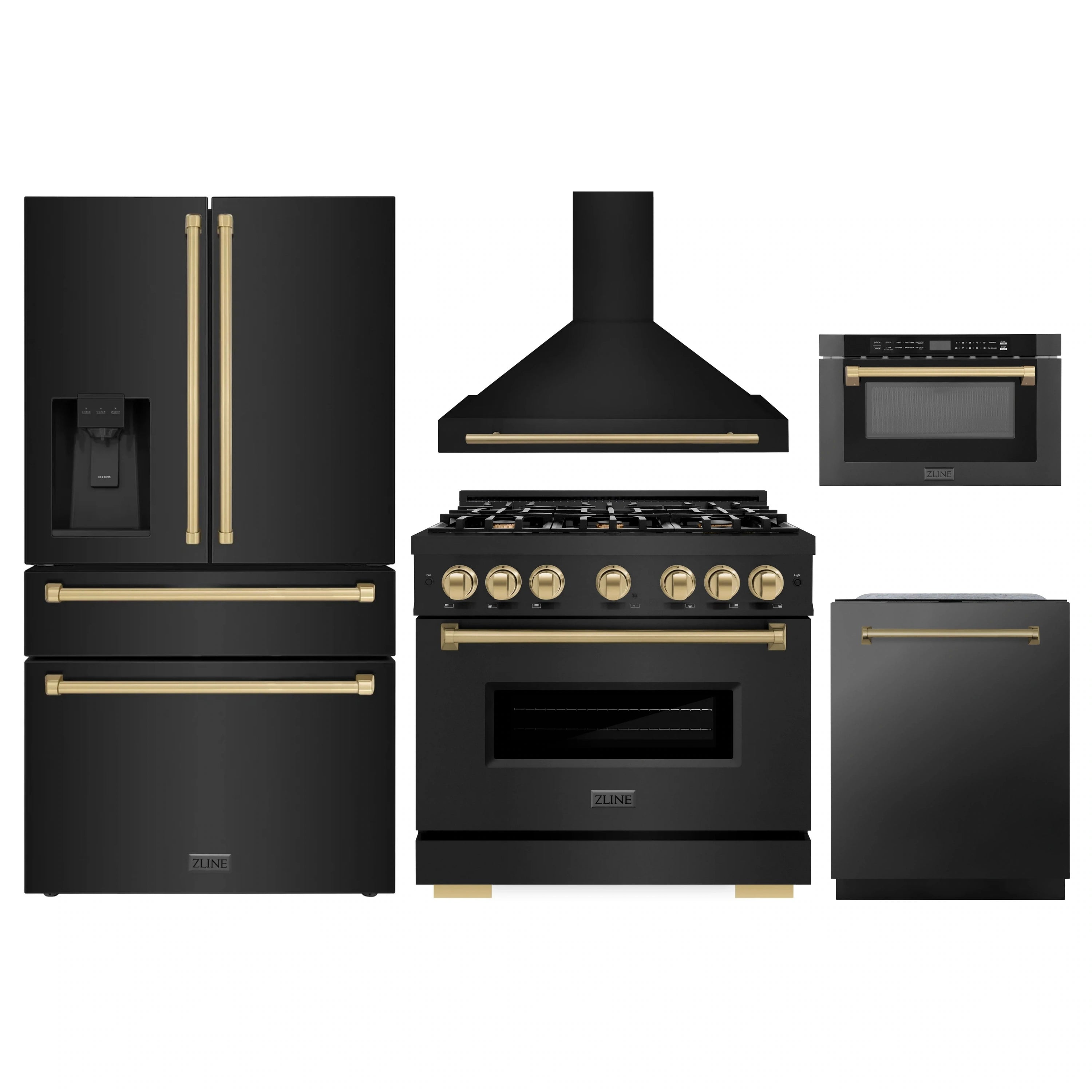 5-piece black stainless appliance package with gold accents: range, hood, microwave, fridge, dishwasher