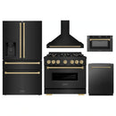 ZLINE 5-Piece Appliance Package - 36-Inch Gas Range, Hood, Refrigerator with Water Dispenser, Dishwasher, and Microwave Drawer in Black Stainless Steel with Champagne Bronze Accents