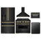 ZLINE 5-Piece Appliance Package - 36-Inch Gas Range, Hood, Refrigerator with Water Dispenser, Dishwasher, and Microwave Drawer in Black Stainless Steel with Champagne Bronze Accents